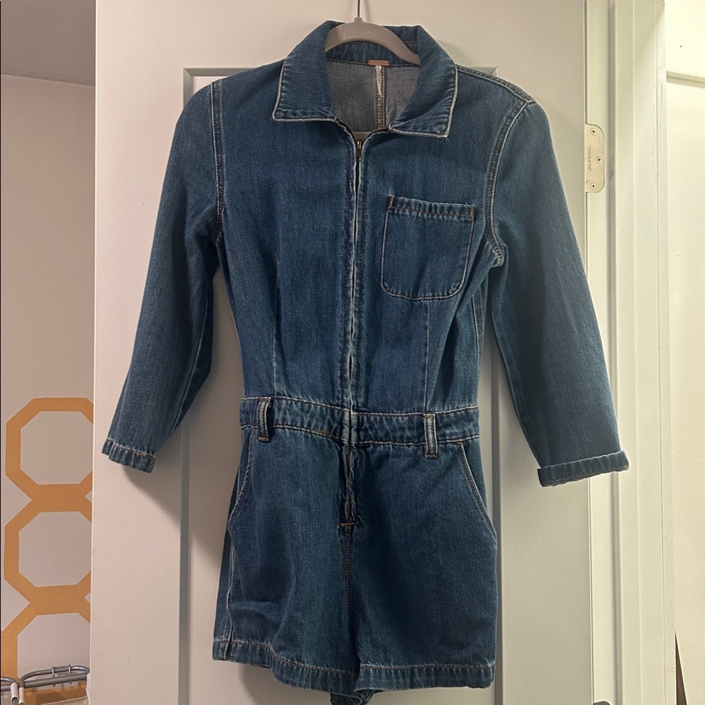 Free People Dark Blue Denim Short Jumpsuit Romper
